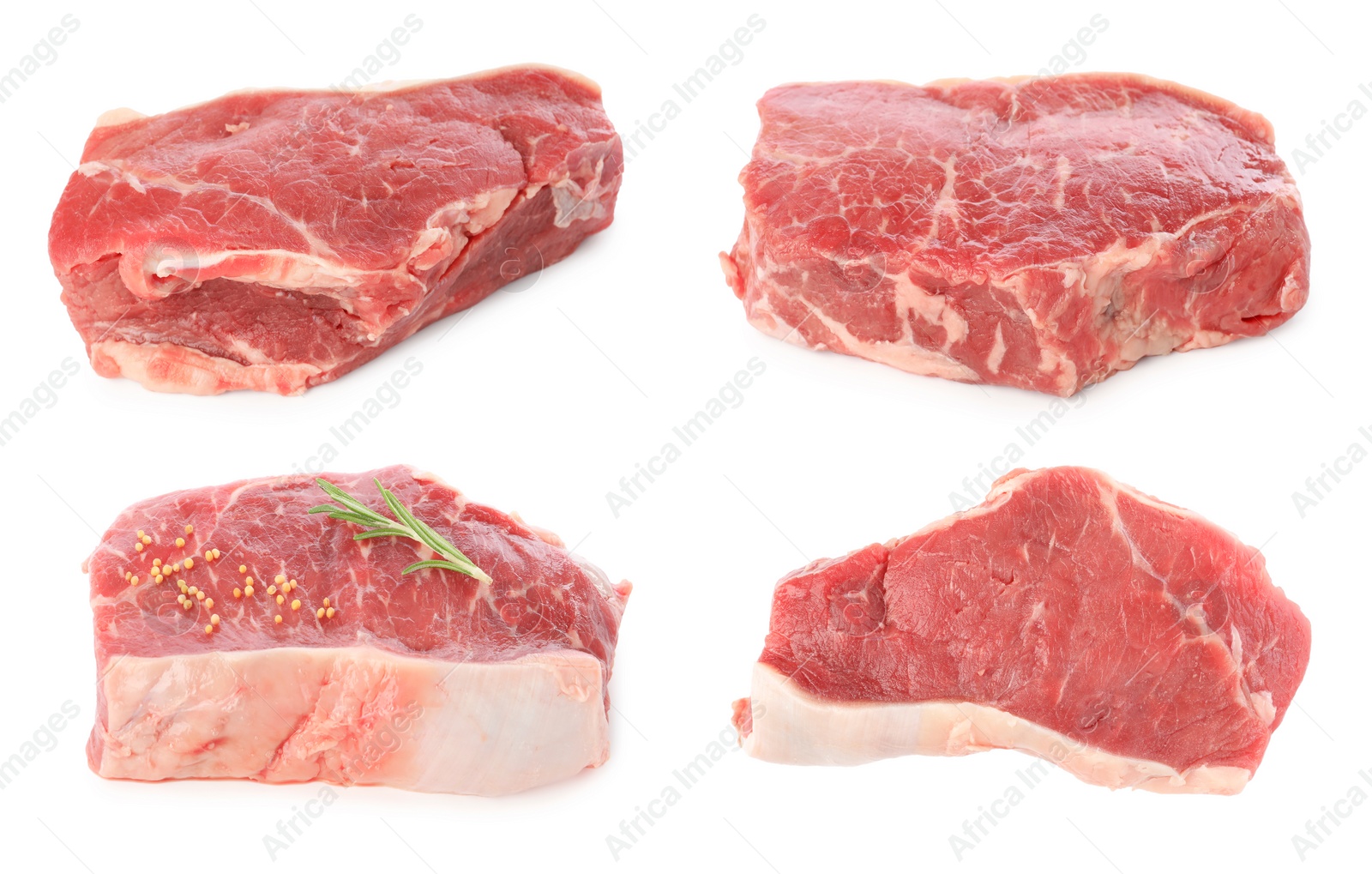 Image of Raw beef steaks isolated on white, set