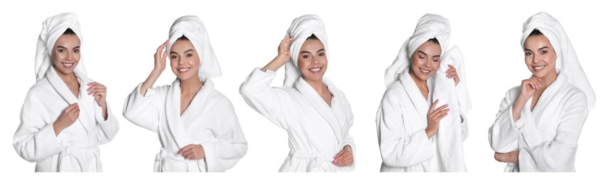 Collage with photos of beautiful young woman with towels on white background. Banner design