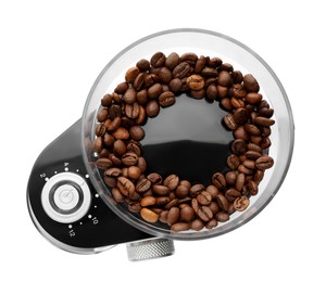 Modern electric coffee grinder with beans isolated on white, top view