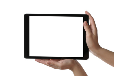 Woman holding tablet computer with blank screen on white background, closeup. Modern gadget