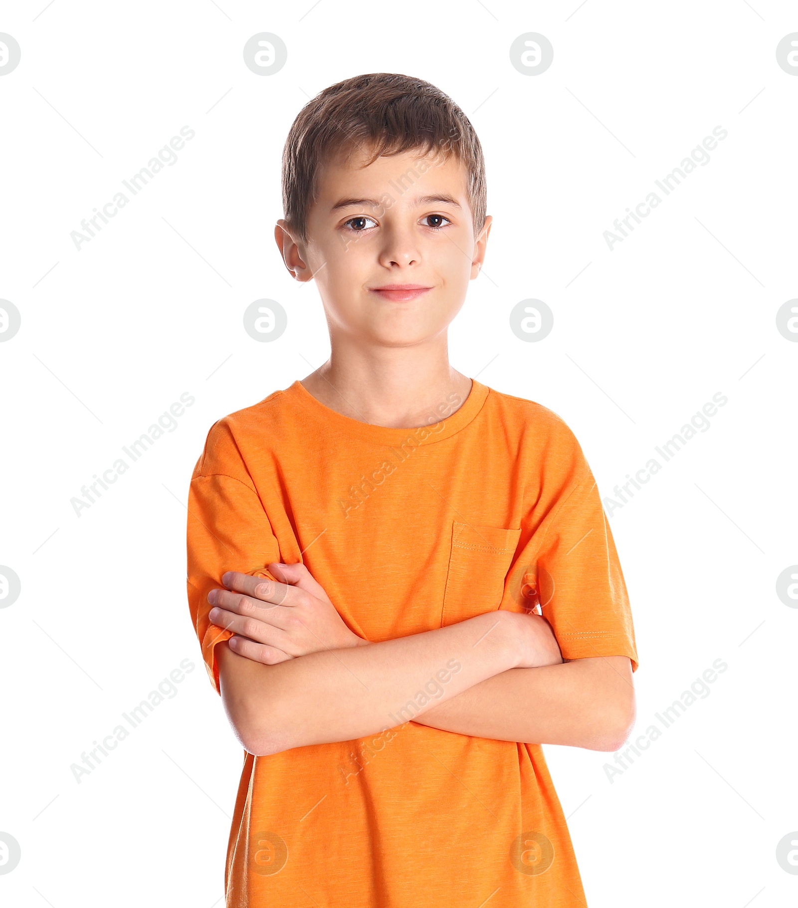 Photo of Portrait of cute little boy on white background