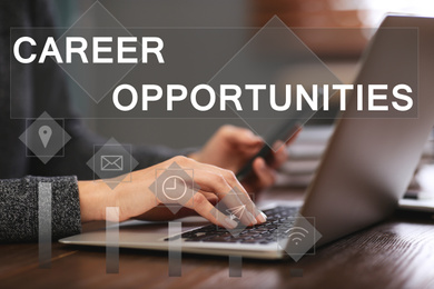 Career opportunities. Woman working with laptop at table, closeup