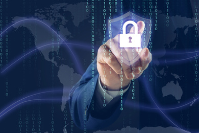 Image of Cyber security concept. Man using virtual screen with padlock illustration, closeup 
