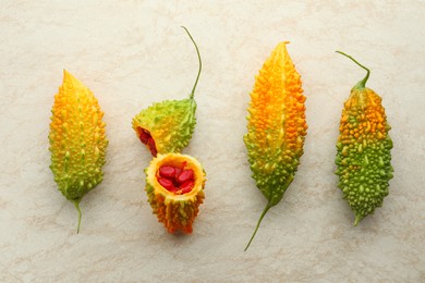 Fresh bitter melons on light table, flat lay