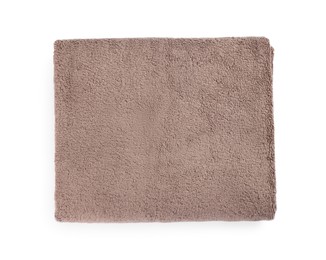 Photo of Soft brown terry towel isolated on white, top view