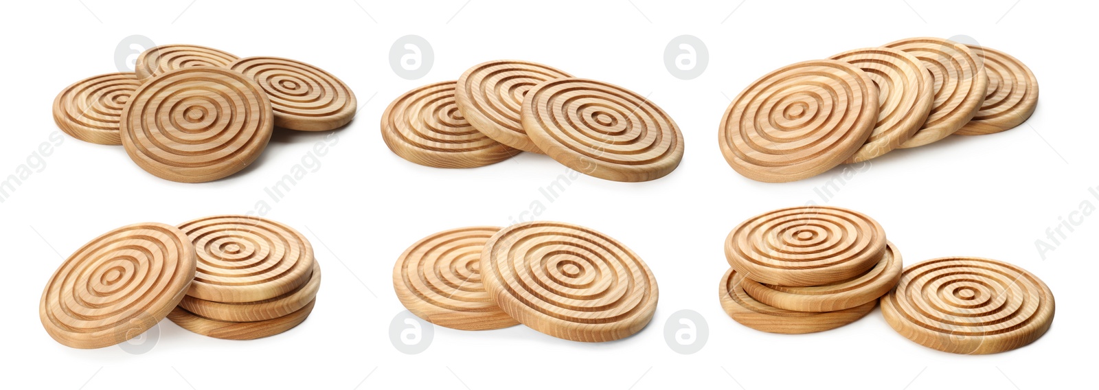 Image of Set with stylish wooden cup coasters on white background. Banner design