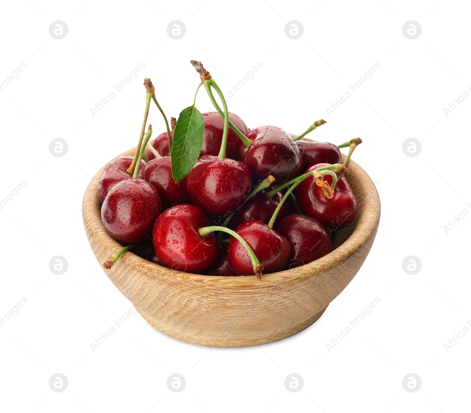 Photo of Tasty ripe sweet cherries in wooden bowl isolated on white