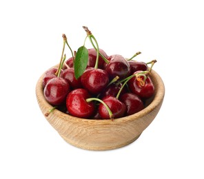 Photo of Tasty ripe sweet cherries in wooden bowl isolated on white