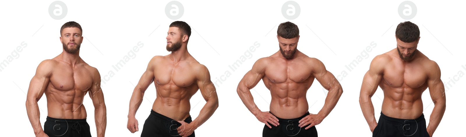 Image of Handsome bodybuilder posing on white background, set of photos