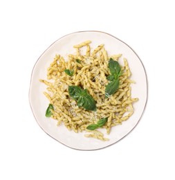 Photo of Plate of delicious trofie pasta with pesto sauce, cheese and basil leaves isolated on white, top view