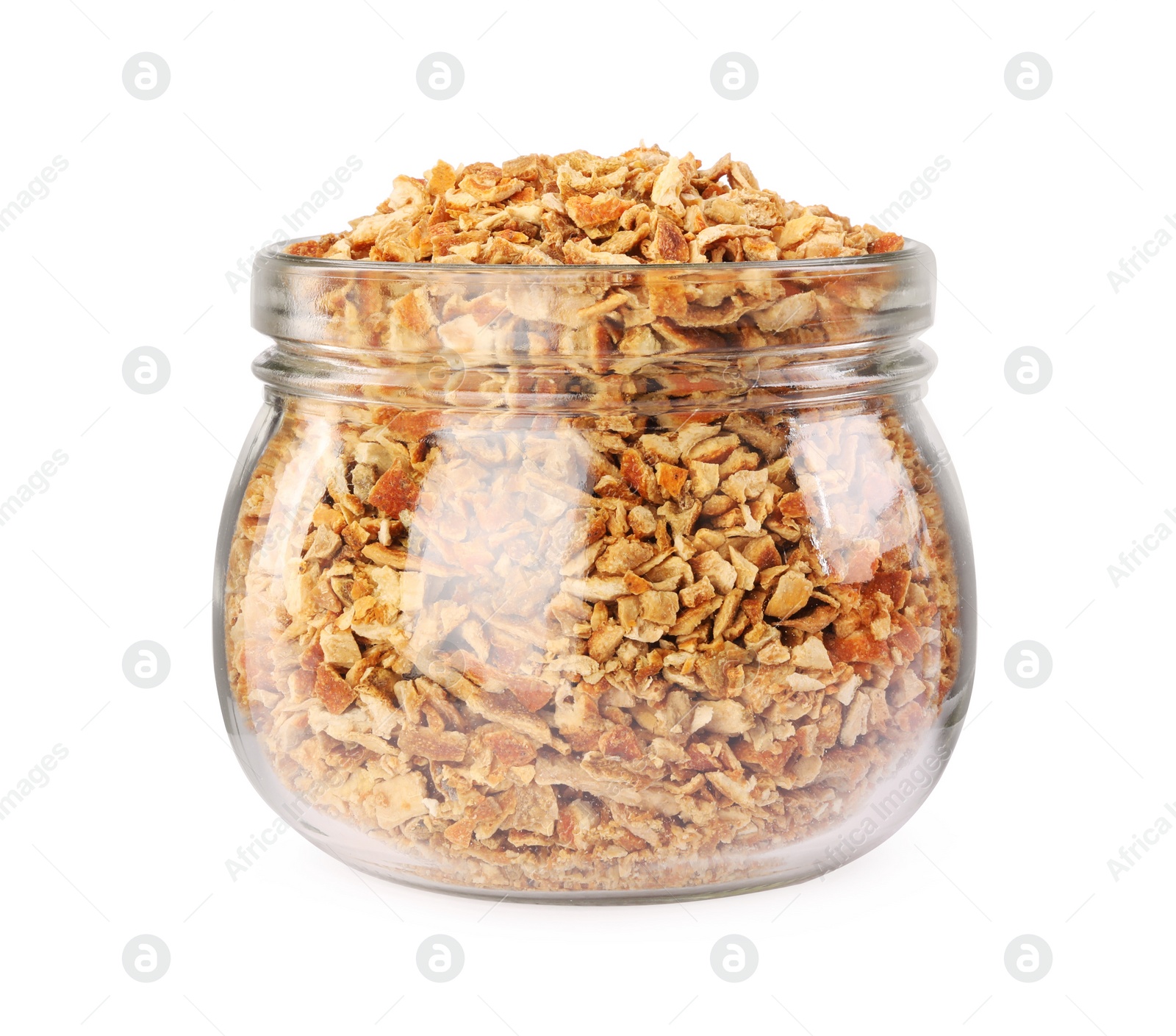 Photo of Dried orange zest seasoning in jar isolated on white