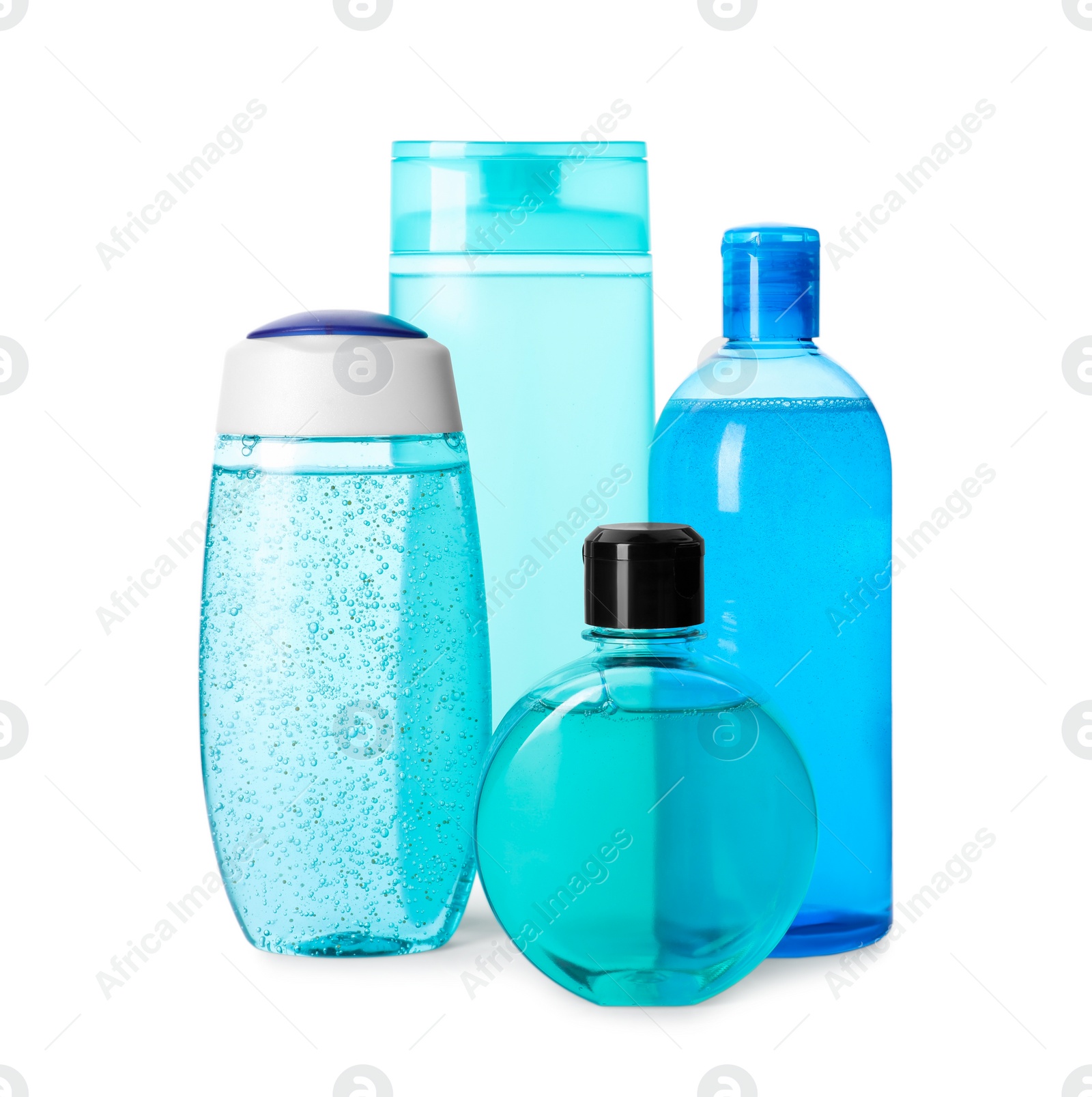 Photo of Bottles of different personal hygiene products on white background