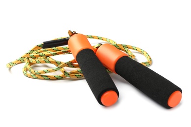 Photo of Jump rope on white background. Sports equipment