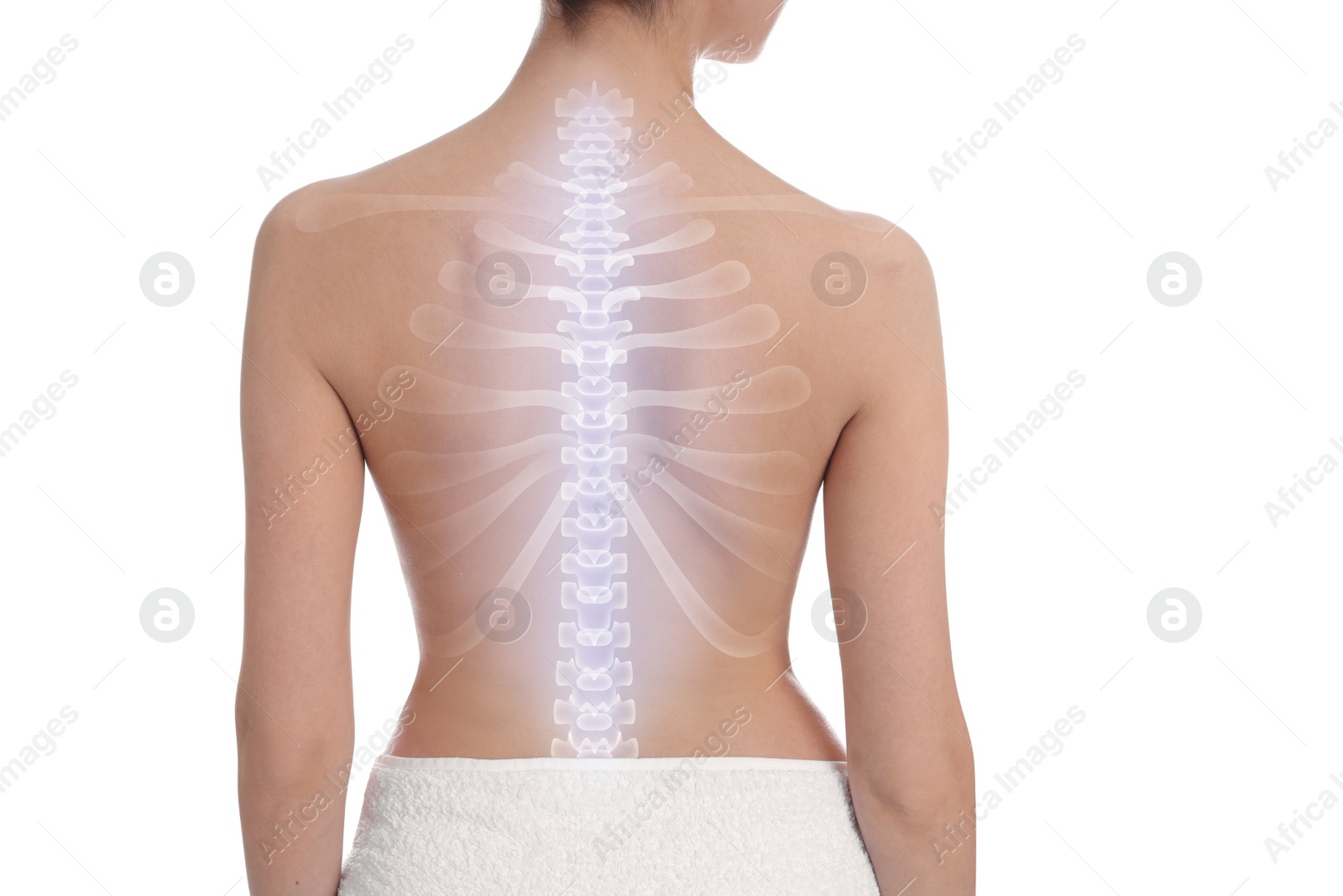 Image of Woman with healthy spine on white background, back view