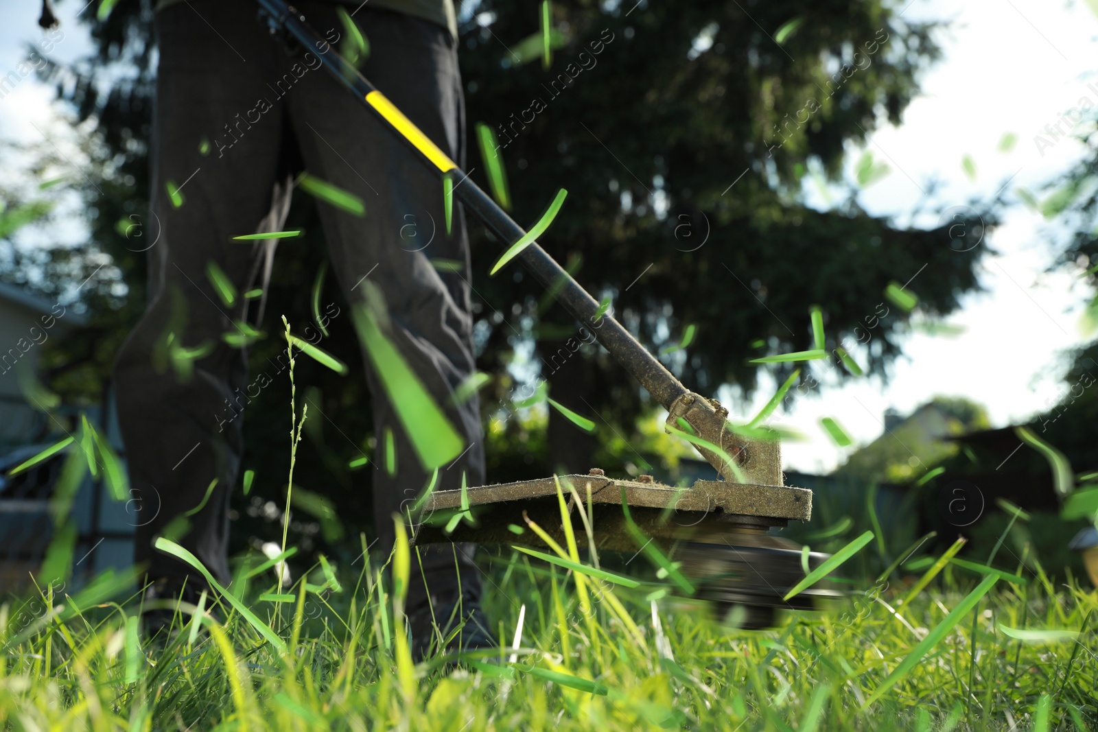 Image of Man cutting green grass with string trimmer outdoors, closeup