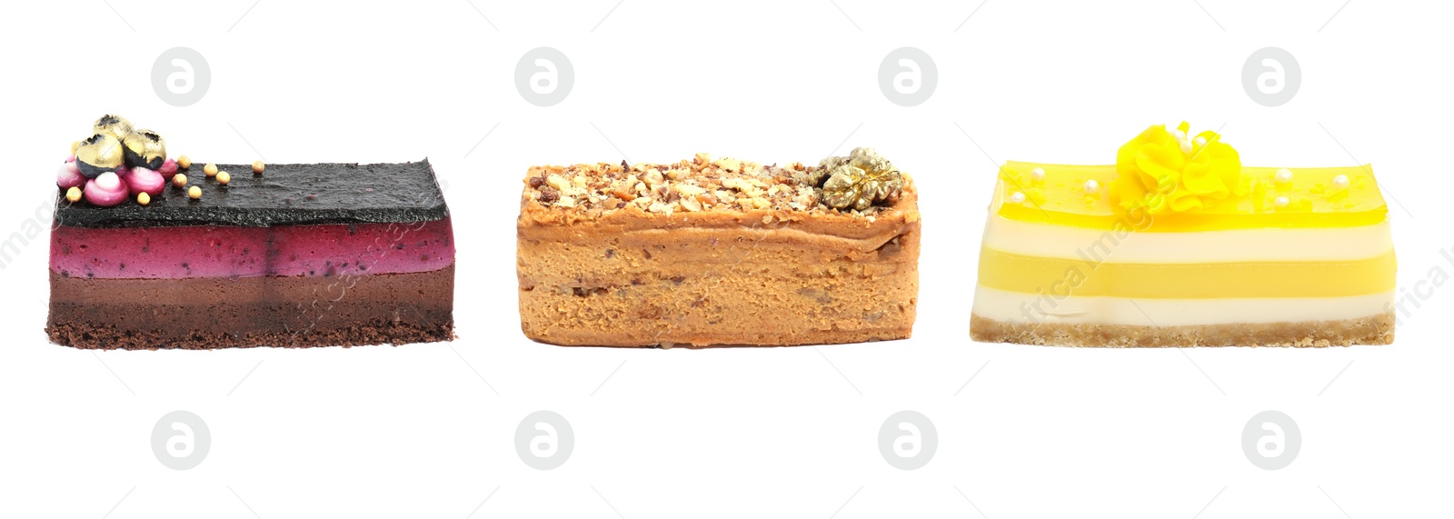 Image of Set of different delicious cakes on white background