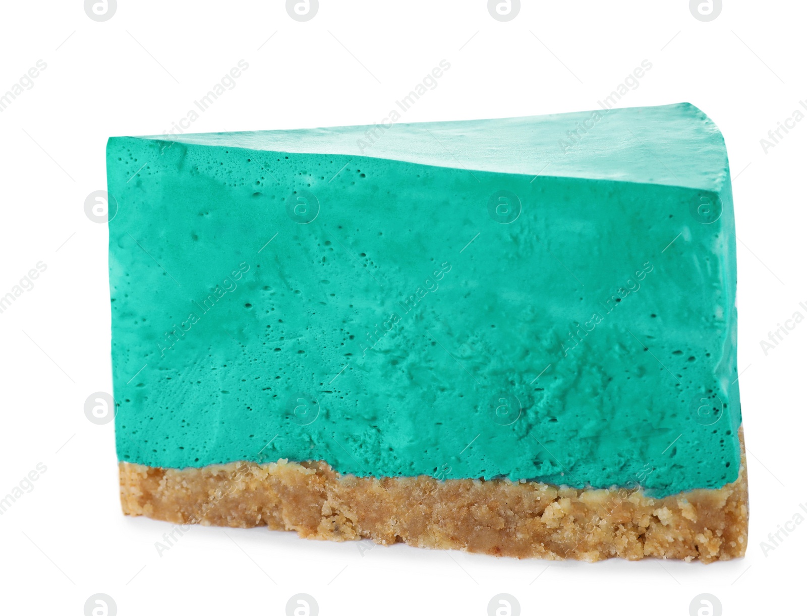 Photo of Piece of delicious spirulina cheesecake isolated on white