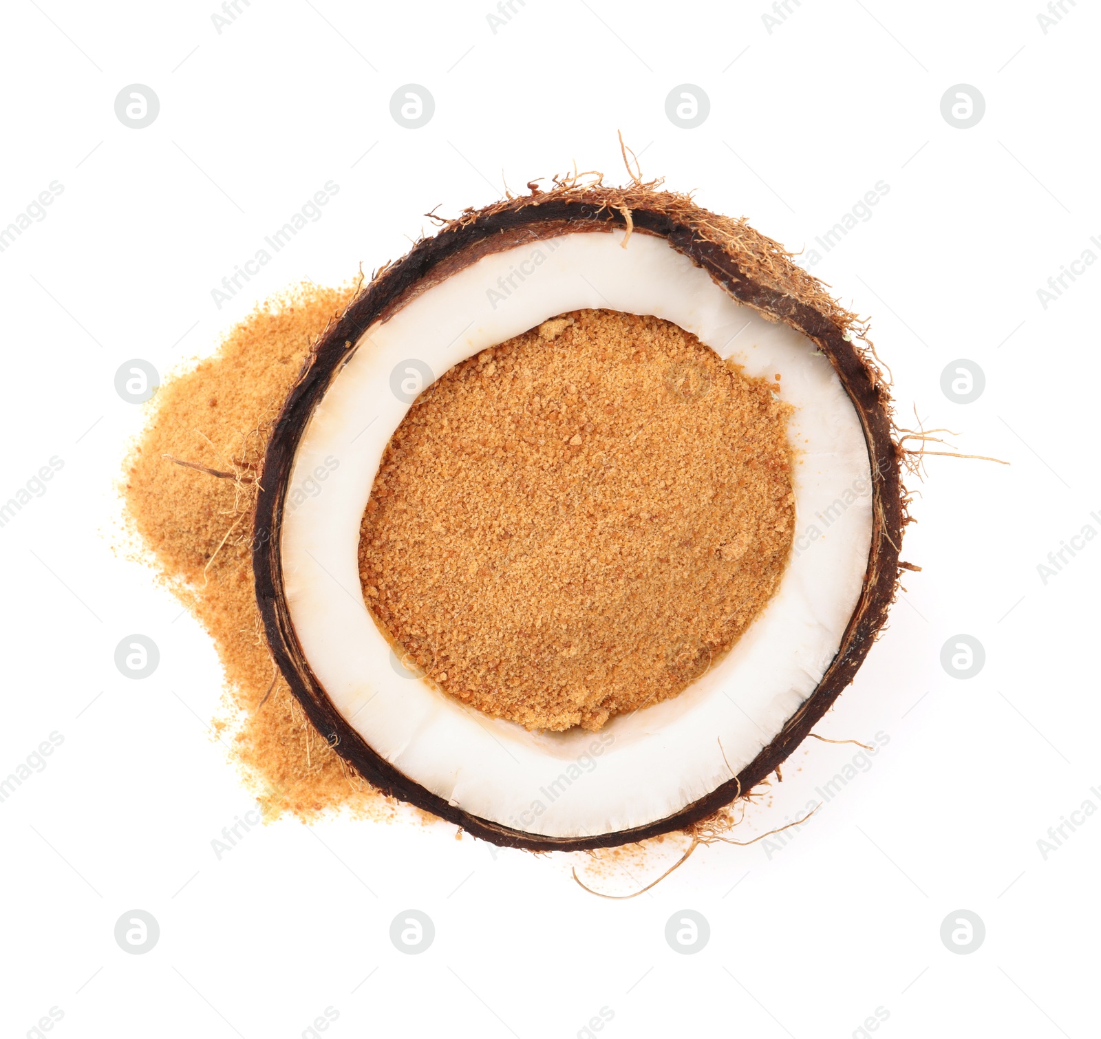 Photo of Coconut sugar and fruit isolated on white, top view