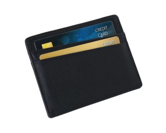 Photo of Black card holder with plastic credit cards isolated on white