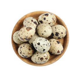 Photo of Wooden plate with quail eggs isolated on white, top view