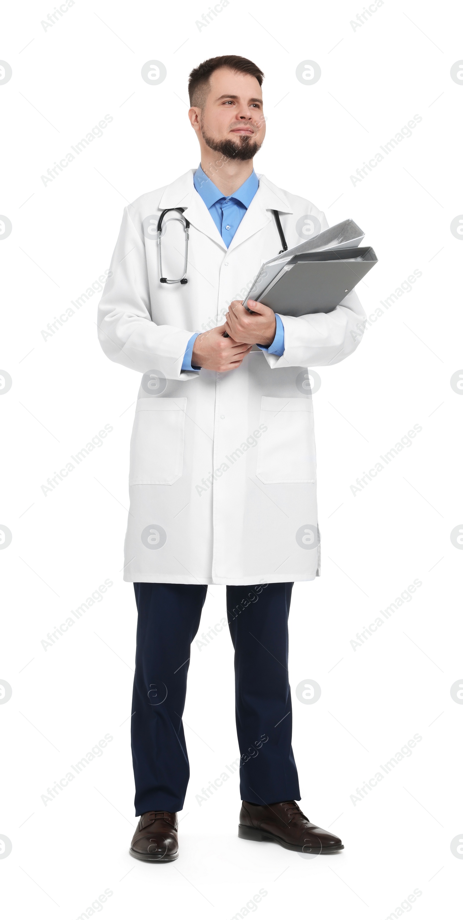 Photo of Doctor in coat with folders on white background