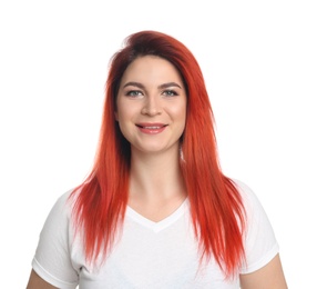 Young woman with bright dyed hair on white background