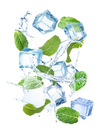 Image of Ice cubes and green mint leaves with water splashes on white background