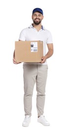 Photo of Courier holding cardboard box on white background