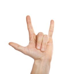 Photo of Man showing hand sign on white background, closeup. Body language