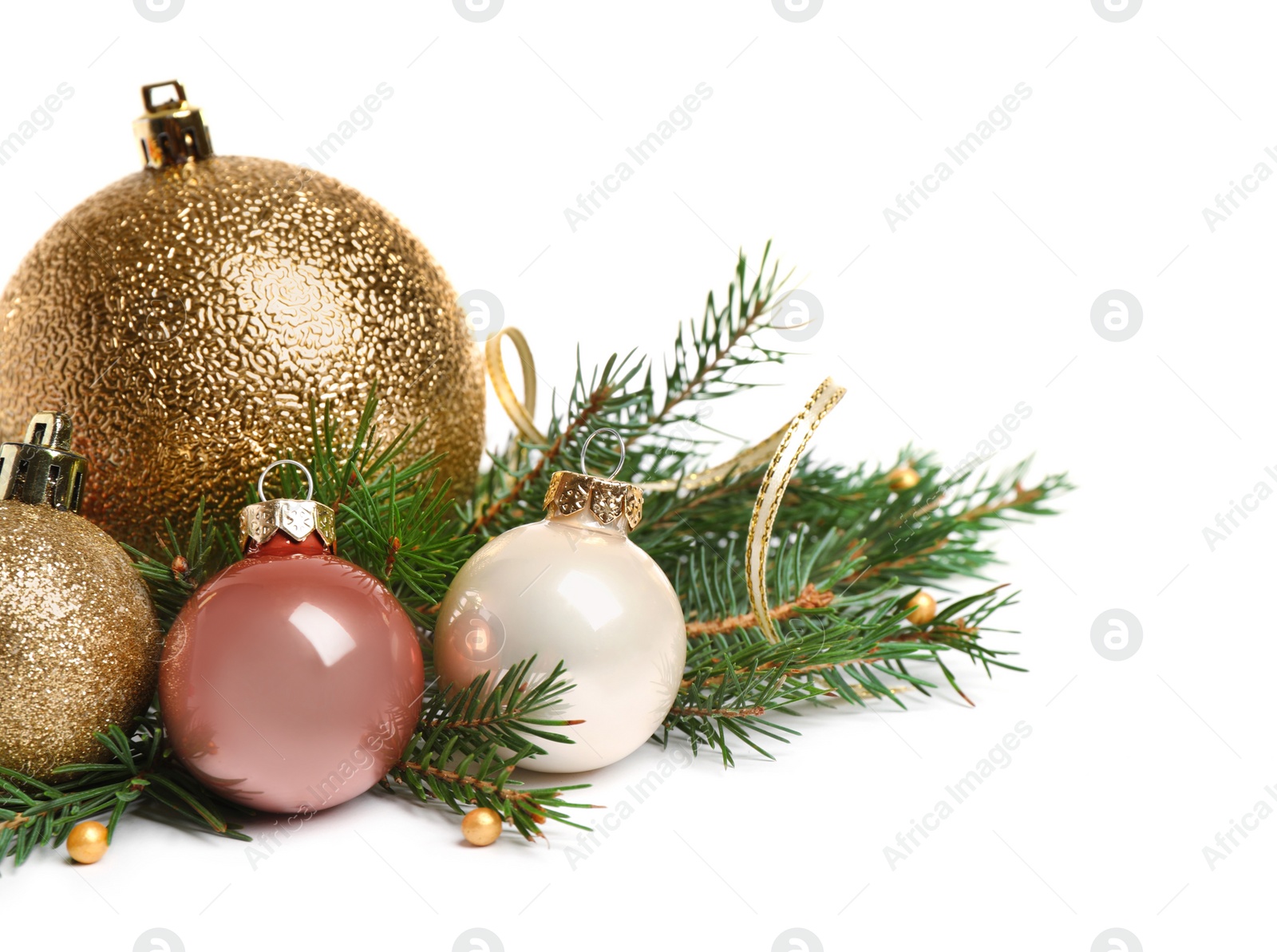 Photo of Christmas tree branches and festive decoration on white background