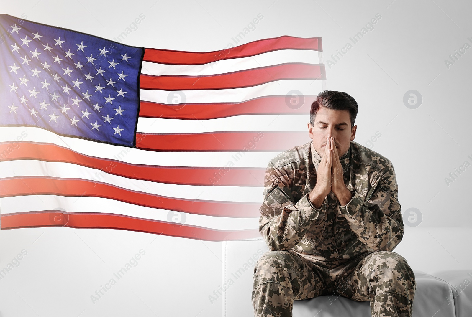 Image of Double exposure of soldier and American flag. Military service