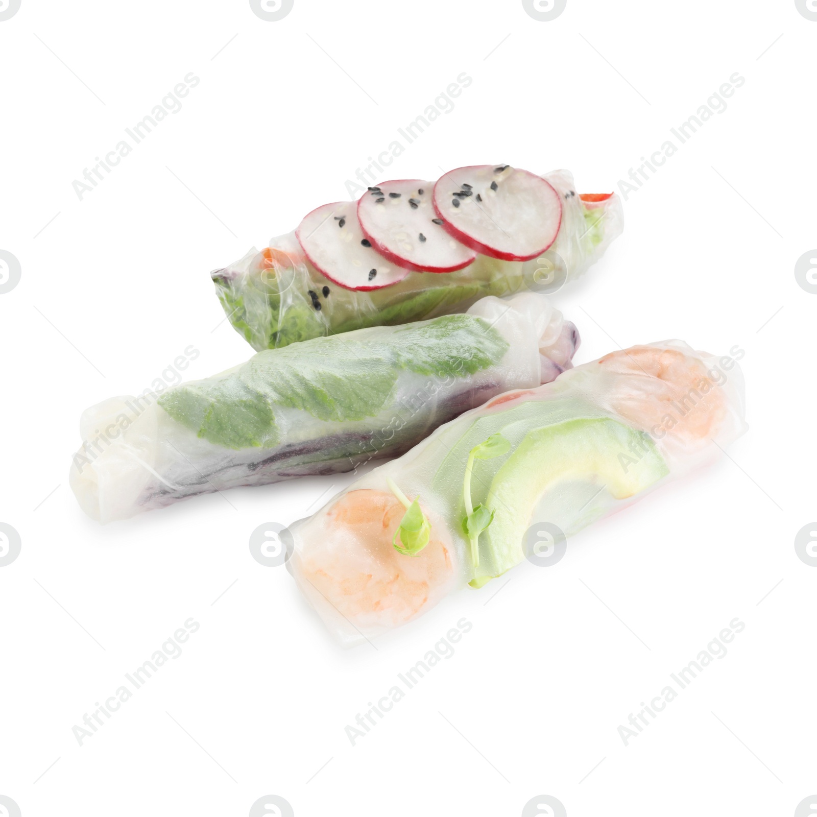 Photo of Delicious spring rolls wrapped in rice paper isolated on white