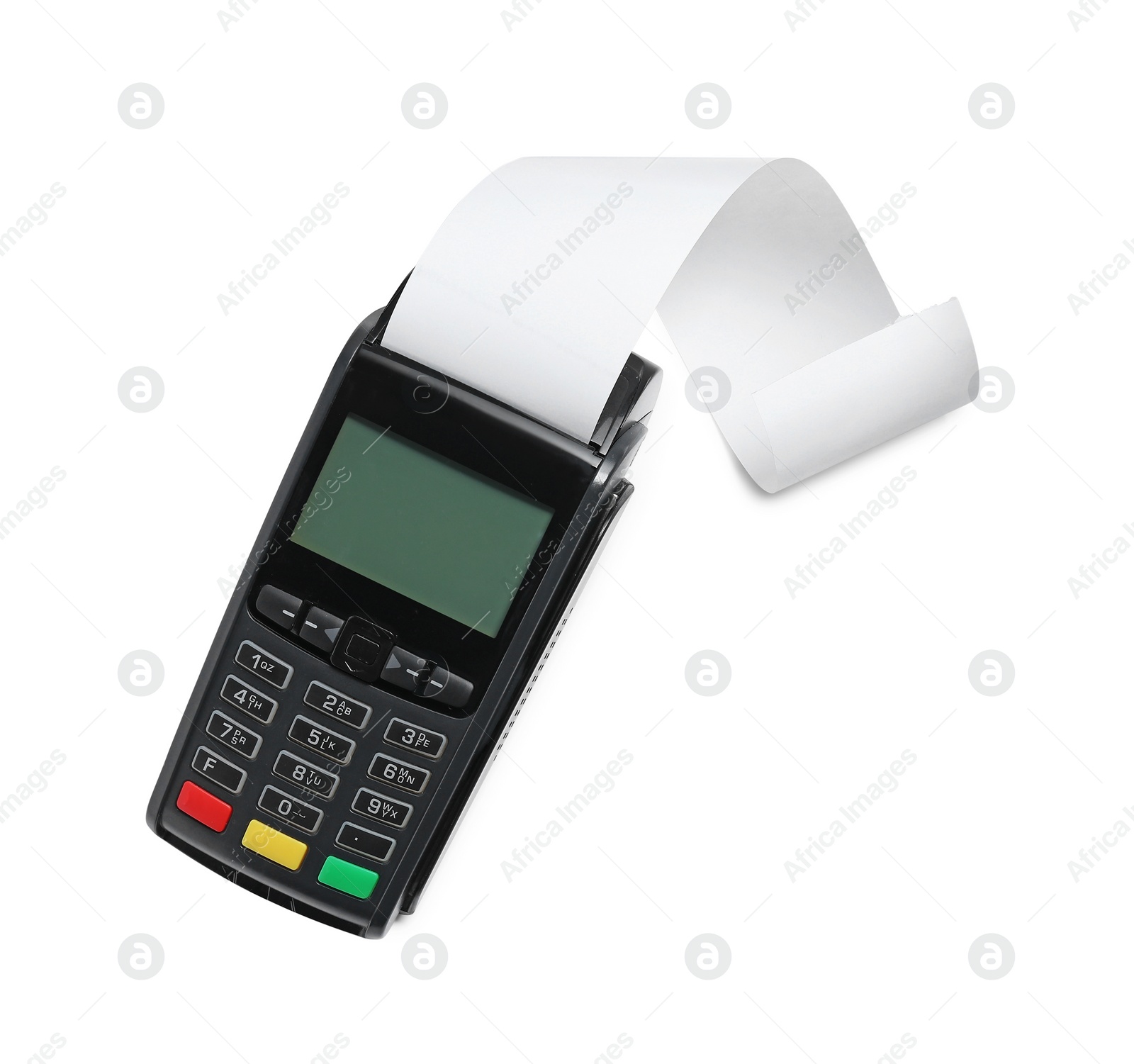 Photo of Payment terminal with thermal paper for receipt isolated on white, top view
