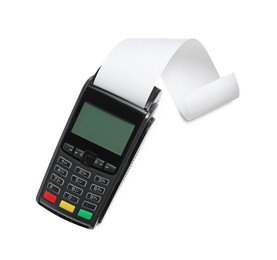 Photo of Payment terminal with thermal paper for receipt isolated on white, top view