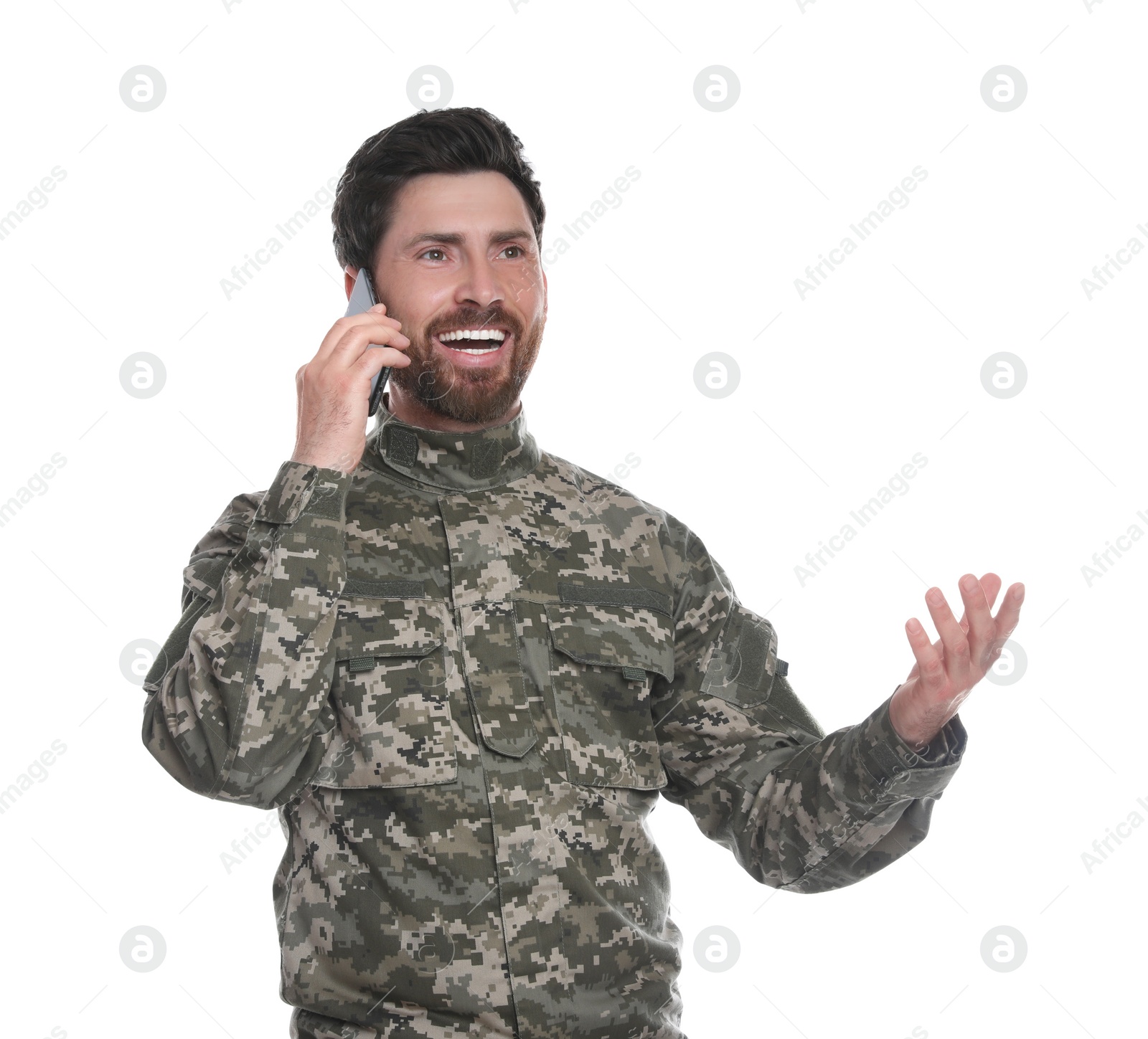 Photo of Happy soldier talking on phone against white background. Military service