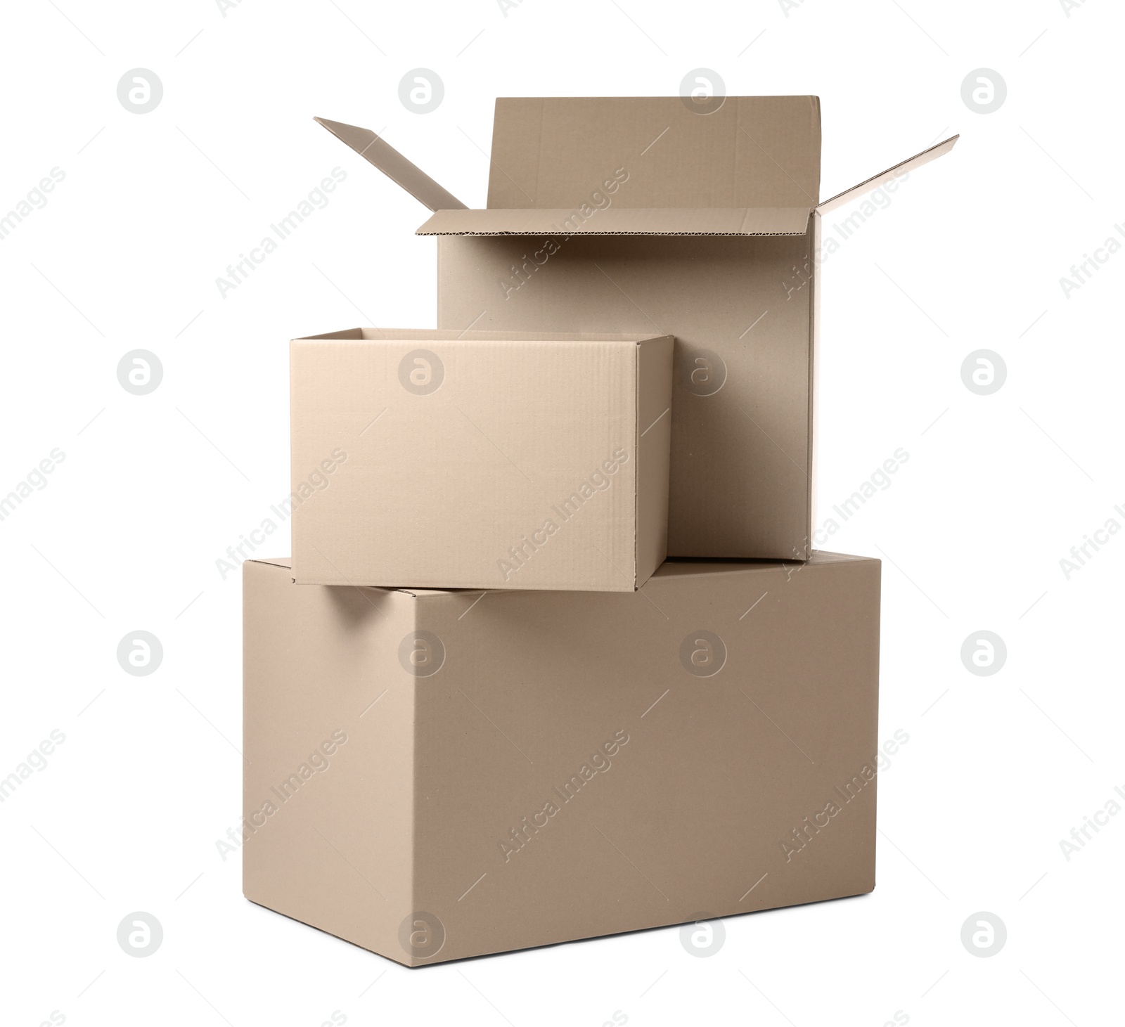 Photo of Three different cardboard boxes on white background