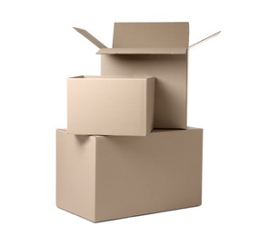 Photo of Three different cardboard boxes on white background