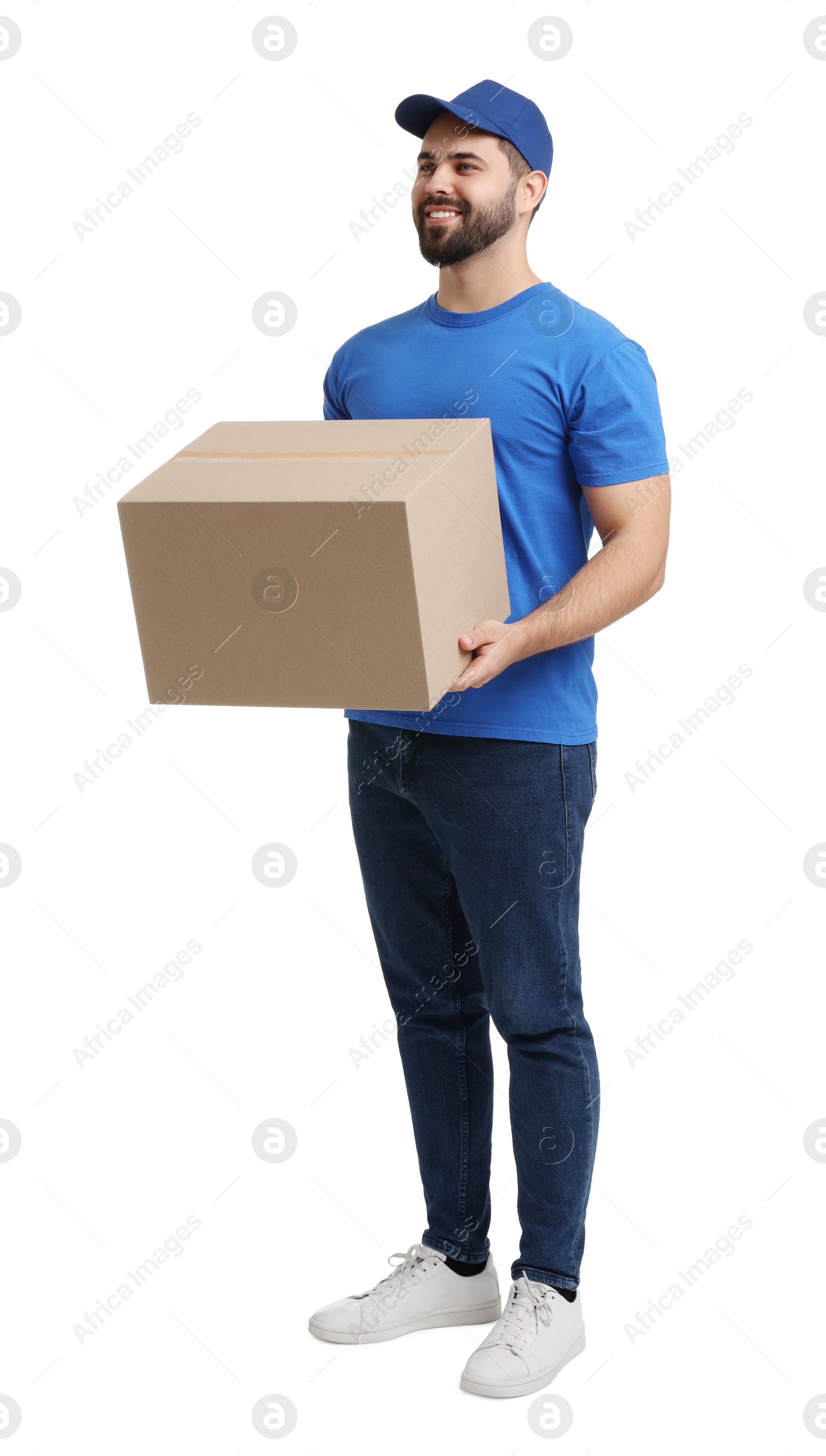 Photo of Happy courier with parcel on white background