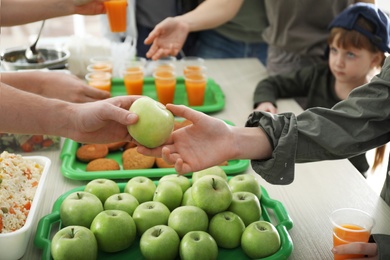 Photo of Volunteer giving apple to poor woman indoors, closeup