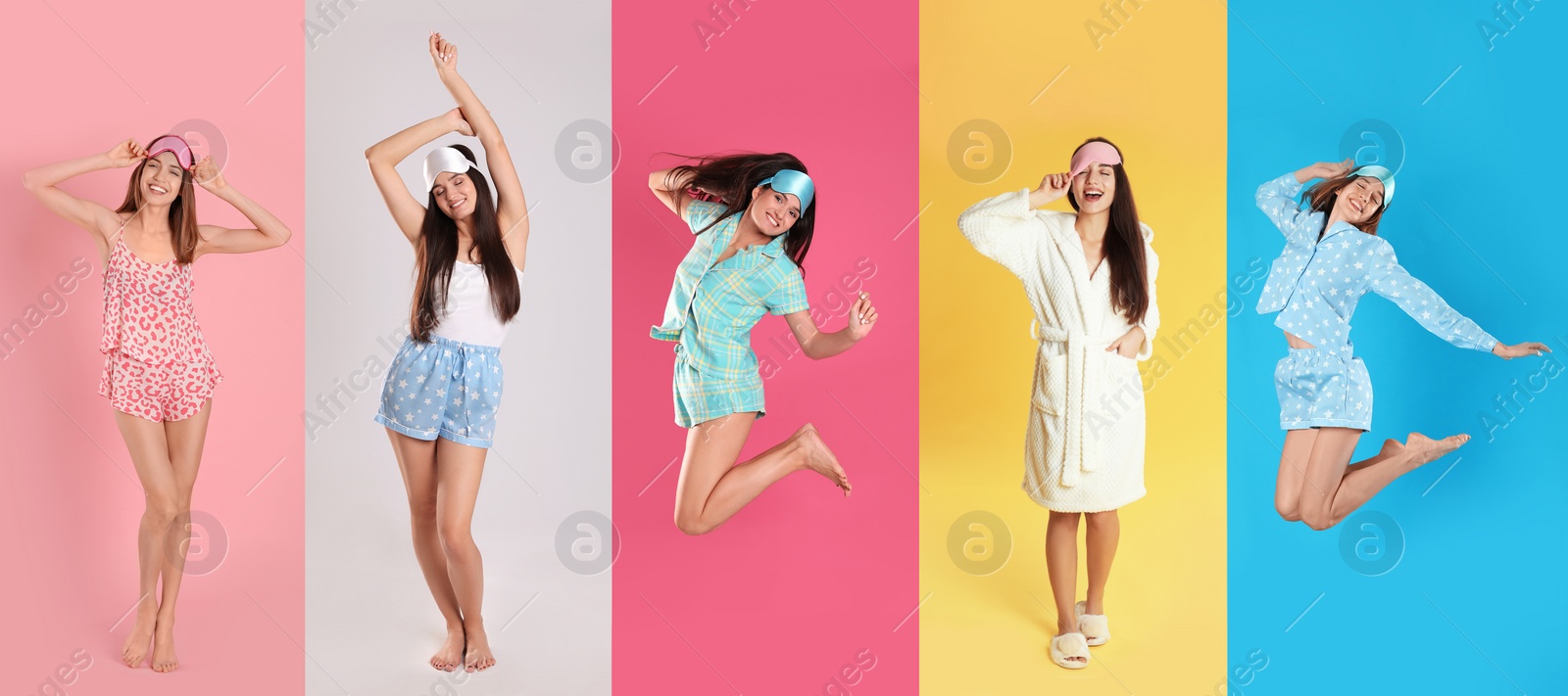 Image of Collage of women with sleep masks on color background. Banner design