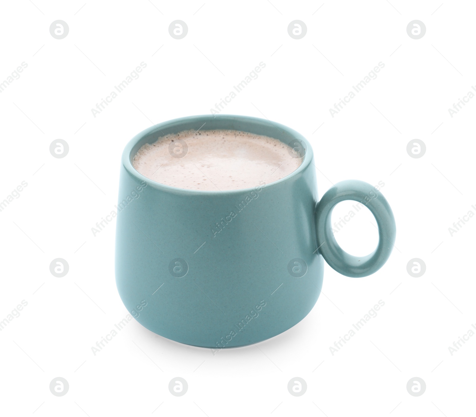 Photo of Delicious cocoa drink in blue cup on white background