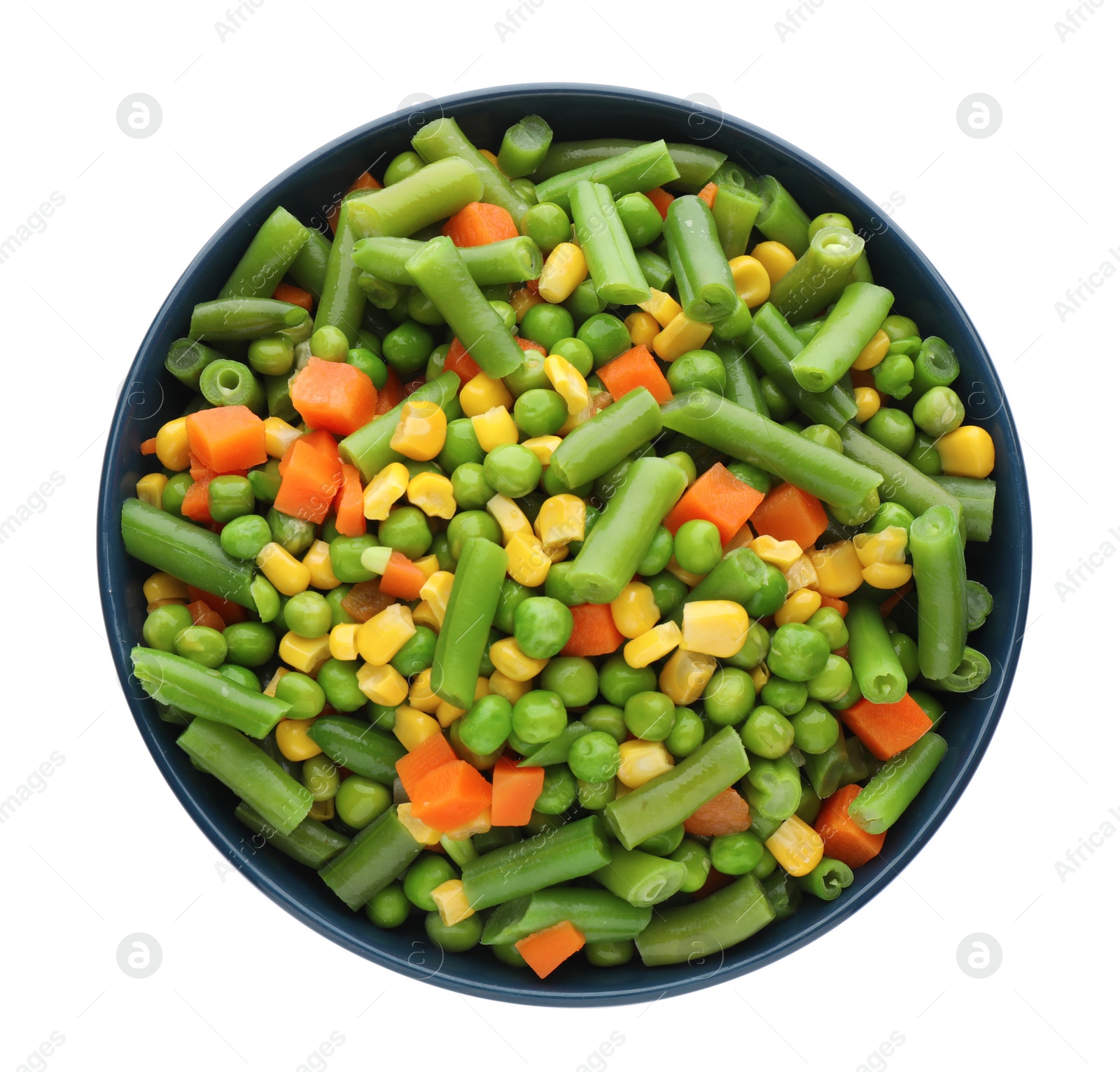 Photo of Mix of fresh vegetables in bowl on white background, top view