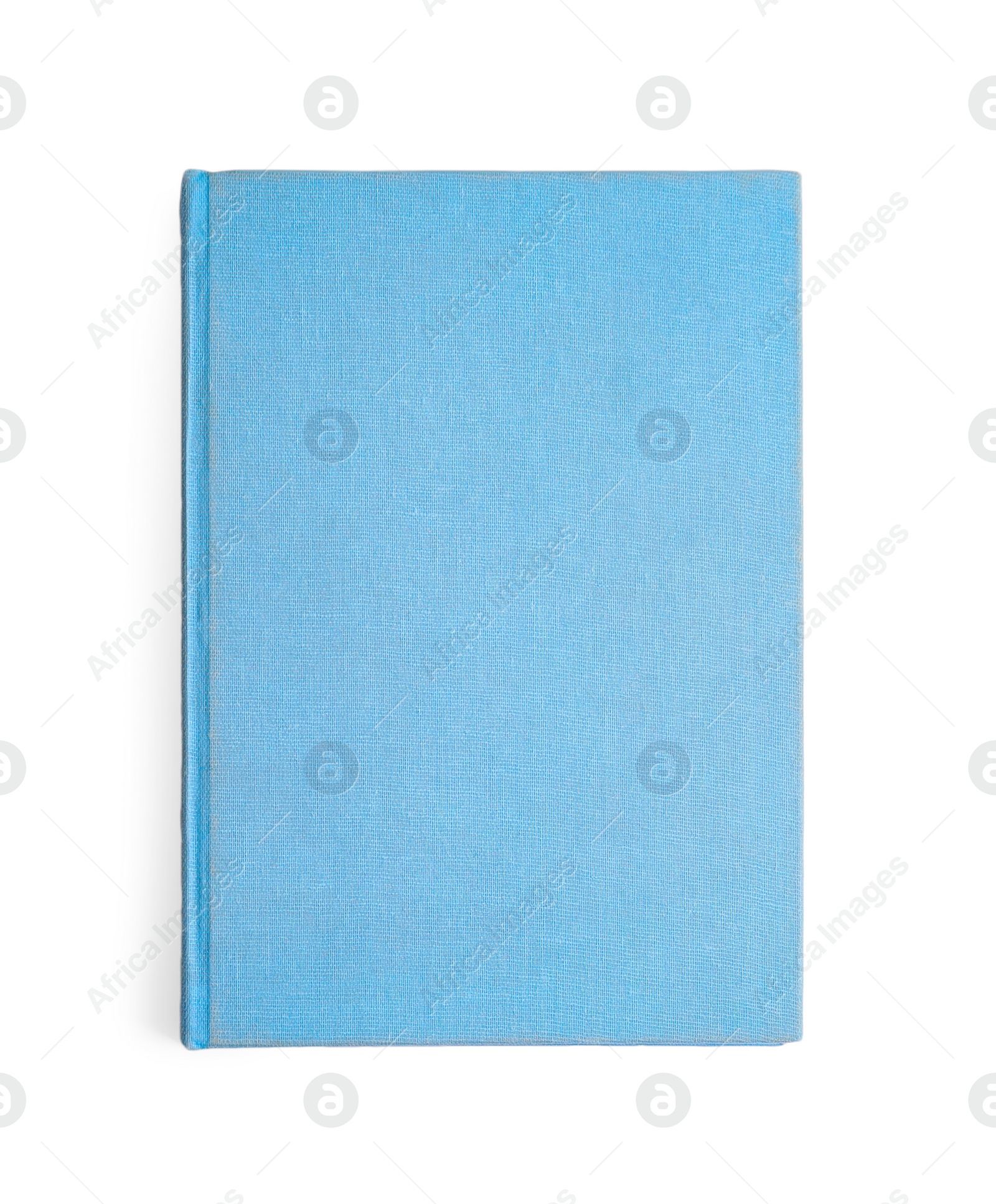 Photo of Book with blank light blue cover on white background, top view