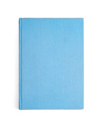 Photo of Book with blank light blue cover on white background, top view