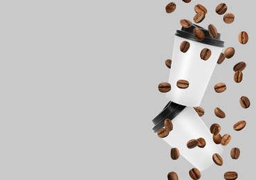 Image of Coffee to go. Paper cups and roasted beans flying on light background, space for text