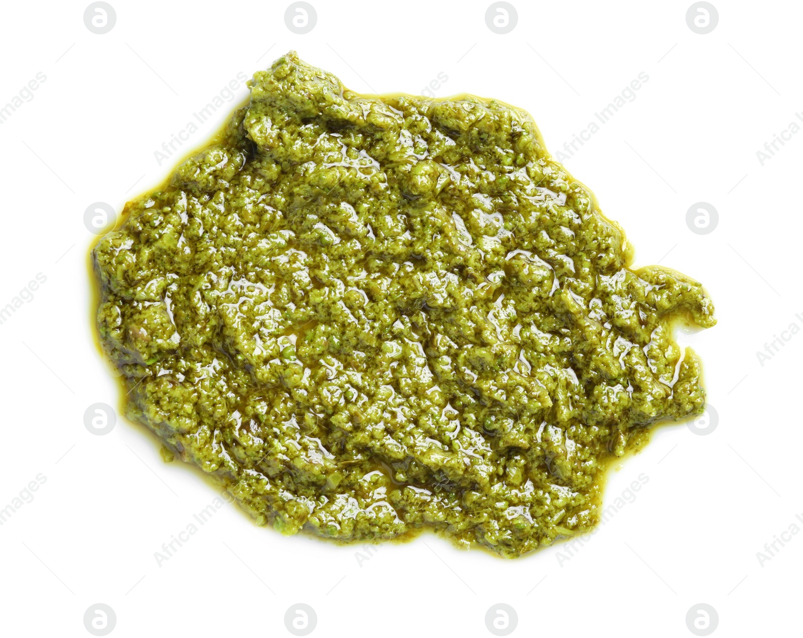 Photo of Sample of tasty pesto sauce isolated on white, top view