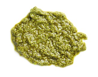 Photo of Sample of tasty pesto sauce isolated on white, top view