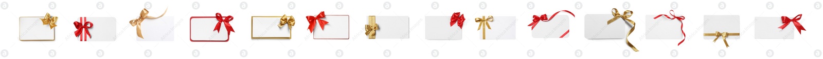 Image of Set of many different gift cards with bows on white background, top view