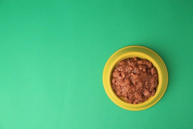 Photo of Wet pet food in feeding bowl on green background, top view. Space for text