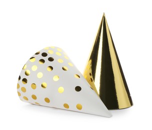Bright party hats on white background. Festive accessory